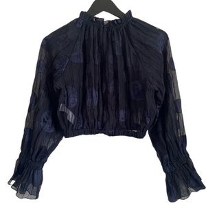 Zara Cropped Polka Dot Blouse Organza Navy Blue Size XS